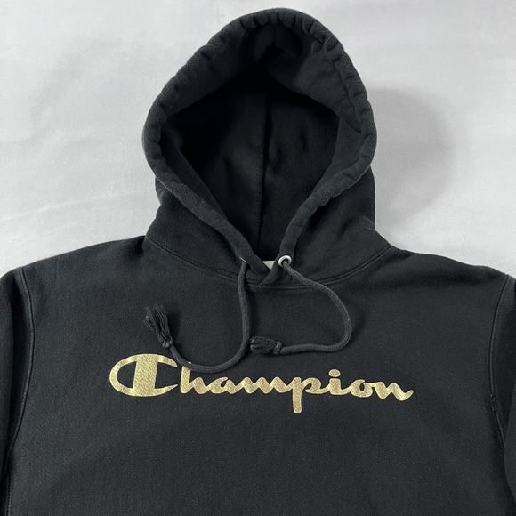 Champion Reverse Weave Hoodie Mens Medium Black Gold Logo‎ Sleeves Y2K - Picture 2 of 10